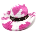 Pink and white cow print plush western cowboy hat with studded brown faux leather band - M (56-58cm) / Straight Crown Rose Red