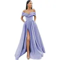 Elegante abito da sera lavanda in raso con spalle scoperte e spacco alto per feste formali - US 2 / Viola Chiaro