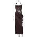 Detail of sheer mesh patchwork and ruched waist on backless halter maxi dress - S / Coffee