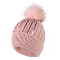 Gorro de punto rosa con lentejuelas y pompón grande, forro polar para invierno - Rosa