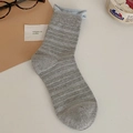 Striped grey cotton mid-calf socks with light blue ruffled cuffs and white stripes - One Size / Light Gray with Blue