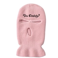 Macro view of pink knitted balaclava with 'Yes, Daddy?' black text embroidery on the forehead - One Size / Pink