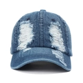 Close-up of distressed denim baseball cap with vintage frayed edges and ripped details - Adjustable / Denim Blue
