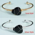 Handmade gold and silver wire-wrapped open cuff bracelet with black heart stone charm - Obsidian