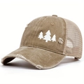 Dettaglio cappello baseball in cotone lavato kaki con ricamo tre alberi e retro a rete - Regolabile / Cachi