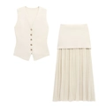 Ensemble deux pièces pour femme avec gilet en tricot beige et jupe plissée - S / Haut Et Bas / Blanc Cassé
