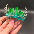 Handcrafted hair comb with green natural crystals and silver tree branch metal design - Green Blue + Branch
