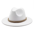 Classic white wool fedora hat with brown braided band and gold metallic bead trim - M (56-58cm) / White