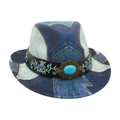 Kids vintage blue denim fedora with floral embroidery and turquoise gemstone accent - Kids Size / Royal Blue