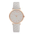 Detail of rose gold watch dial with leaf texture and white woven strap - Grey Watch Only