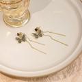 Elegant gold butterfly tassel earrings with grey crystals and long metallic drop bar - E2375-2 Gold Butterfly Black Rhinestone Tassel