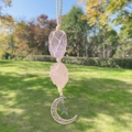 Handmade woven amethyst and rose quartz car charm with silver moon and star pendant - Amethyst + Rose Quartz (Beige Rope)