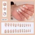 Faux ongles French avec fleurs 3D, perles et paillettes en forme de cercueil long - Style étoile fleur blanche française rose nude (SGD-0011)