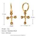 Macro detail of 18K gold plated stainless steel cross earring with rose and gemstone - Rose Cross Drop Earrings / Gold White
