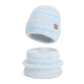 Winter light blue knit beanie and neck warmer set with warm fleece lining and leather patch - Two-Piece Set / Green