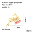 18K gold plated copper butterfly padlock and key pendant with cubic zirconia and enamel - Pink White Striped Lock Key Set (P03414)