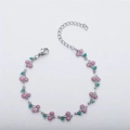 Bohemian silver-tone cherry charm bracelet with pink glitter and green enamel accents - Steel Pink