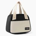 Insulated trapezoid lunch bag in black and cream with leather handles and foil lining - Black