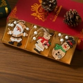 Detail of wooden Christmas ornaments set with Santa and reindeer in a rustic wooden gift box - Style 12 (9 Pieces)