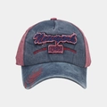 Detailed close-up of vintage washed grey and red baseball cap with New York 1985 embroidery - Adjustable / Navy Blue