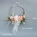 Elegant gold metal hoop wreath with pink silk roses and white organza bow for wedding - Bridal/Bridesmaid Handheld Floral Hoop