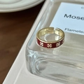 Adjustable golden ring featuring red enamel finish and clover motifs in minimalist style - Red Enamel Clover (J3442)