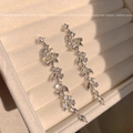 925 silver needle drop earrings with sparkling marquise crystals in a leaf design - A788 Silver Plant Long Tassel Earring