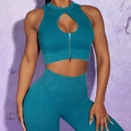 Peacock blue ribbed yoga set with zipper cropped tank and high waist leggings - S / Top And Bottom / Dark Green