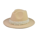 Close-up of the elegant pearl beaded band on a beige wool felt flat top fedora hat - Kids 54-55cm / Beige