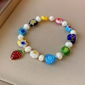 Vintage geometric freshwater pearl bracelet with colorful glass flowers and strawberry charm - Pearl Glass Heart Flower Strawberry Bracelet