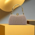 Close-up of pink pearl evening bag with golden metal handle and ball clasp detail - Champagne Pink