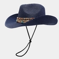 Dark blue bohemian woven sun hat with turquoise star decor and windproof chin strap - Solid Navy Blue