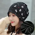 Women's black thermal knit beanie featuring cute cat prints and soft fleece lining - Fleece Lined Style / Paw Cat-Black