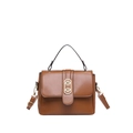 Caramel brown faux leather crossbody bag with elegant golden oval metal buckle closure - Brown