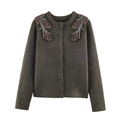 Cardigan in maglia grigio scuro con elegante girocollo perlato e bottoni monopetto - S / verde oliva