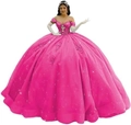 Hot pink off-shoulder Quinceanera dress with floral appliques and sequins - Hot Pink