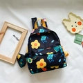 Mochila infantil negra con flores, asa amarilla y monedero redondo a juego - Talla única / Negro