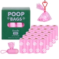 Detailed view of 20 rolls of pink lavender-scented biodegradable dog poop bags with dispenser - Boxed with Dispenser and Clip / 20 Rolls Box / Pink