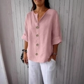 T-shirt in cotone e lino rosa da donna con scollo a V e bottoni in legno stile casual - Fibbia Rosa A 4 Bottoni 8033# / 3XL