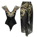 Black and gold baroque print one-piece swimsuit with matching sheer sarong wrap skirt - S / Ruffle Lace-up One-piece Wrap Skirt Set