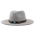 Sombrero vaquero de paja gris claro con banda de cuero bohemia y adornos de turquesa - M (56-58cm) / Gris