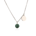 Macro view of silver tone chain with green malachite bead and polished circular pendant - Steel Malachite