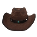 Dark brown woven Panama straw cowboy hat with turquoise stone band and curved brim - One Size / Coffee with Windproof Rope (Turquoise)
