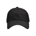 Detailed close-up of a minimalist black baseball cap featuring a six-panel structured design - Black