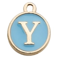 Sky blue and gold circular letter Y charm pendant for DIY bracelets and necklaces - Letter Y / 1 Piece (12x14mm) / Lake Blue
