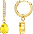 Golden hoop earrings with pear-cut yellow gemstone and zircon pavé in a side view - October Yellow