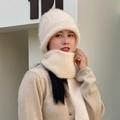Ensemble d'hiver bonnet et écharpe en tricot torsadé blanc crème doublé polaire - Motif de torsion / Blanc Cassé