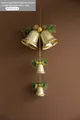Golden double bell Christmas ornament with green pine needles and a gold checkered bow - 95CM Bell String / Gold