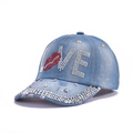 Light blue denim baseball cap with rhinestone LOVE letters and red lip pattern - 56-Lips LOVE-Dark Blue