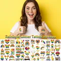 Close-up of rainbow pride glitter tattoos with love and peace motifs for party decor - Rainbow Glitter Tattoo Stickers (FX005-008) / 4pcs